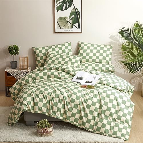 CLOTHKNOW Green White Plaid Full Size Comforter Sets Grid Bedding