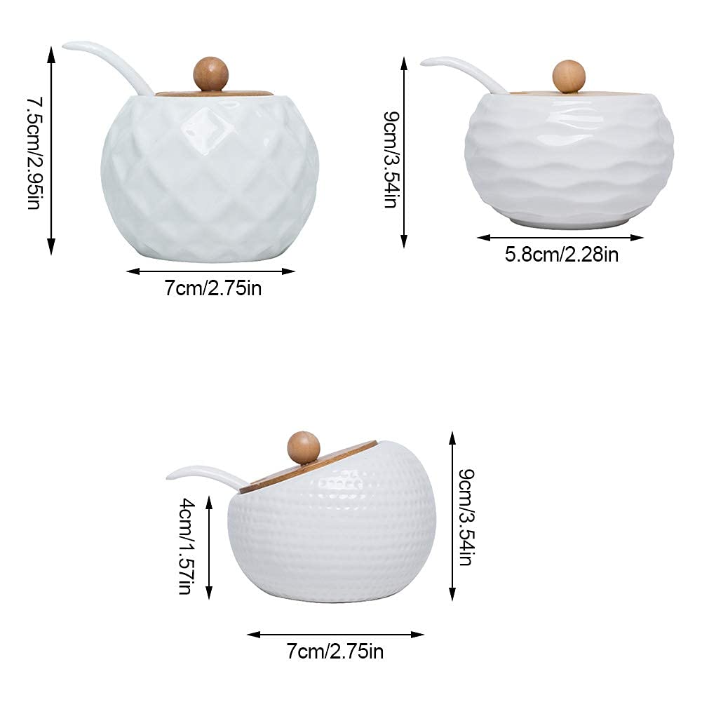 Lot de 3 récipients à épices en céramique avec couvercle et cuillère, pots à sucre et sel, porte-épices pour cuisine et table à manger (C)