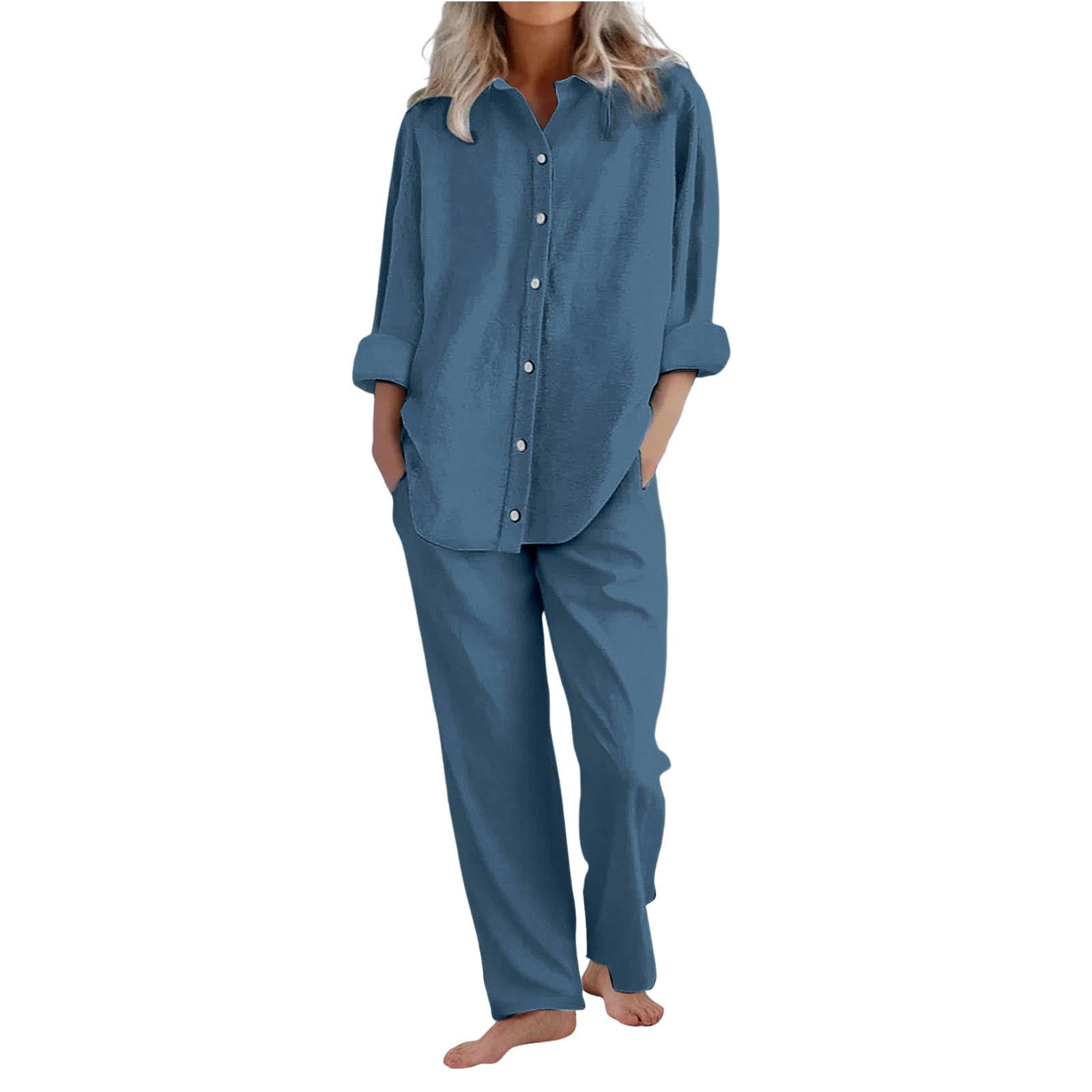 Women's Summer 2 Piece Outfits Linen Co Ords Sets Loose Long Sleeve T-Shirt Cotton Linen Tops and Pants Casual Plus Size Loungewear Tracksuits