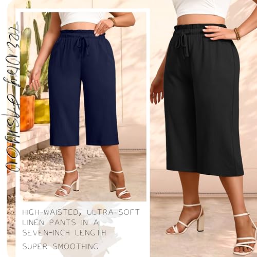 2 Pack Linen Capri Pants for Women L - 5XL Cotton Plus Size High Waist Drawstring Pockets Casual Cropped Trousers4