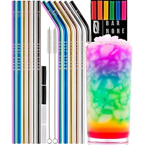 BAR NONE Best Straws Set of 12 | 10.5" Long Wide Rainbow Multi Colored Stainless Steel Metal Drinking Straws Reusable Straight & Curved Cleaning Brushes & Silicone Tips Straw Brush Cup Drinks Cover