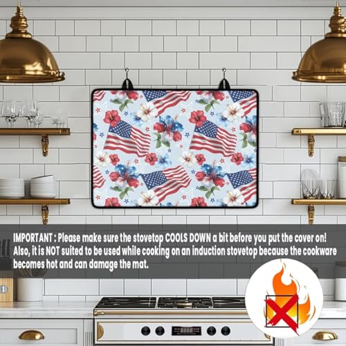 Image of Poceacles Electric Stove Top Cover Glass Stove Top Heat Resistant Oil Resistant Cooktop Protector Cover for 4th of July Patriotic Party Decor, American Flag Hibiscus Flower Blue