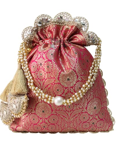 Image of MILAN'S CREATION Pure Banarasi Potli Silk Brocade Bag Purse Drawstring Women's handbag with Pearl Handle & Tassel Weddings