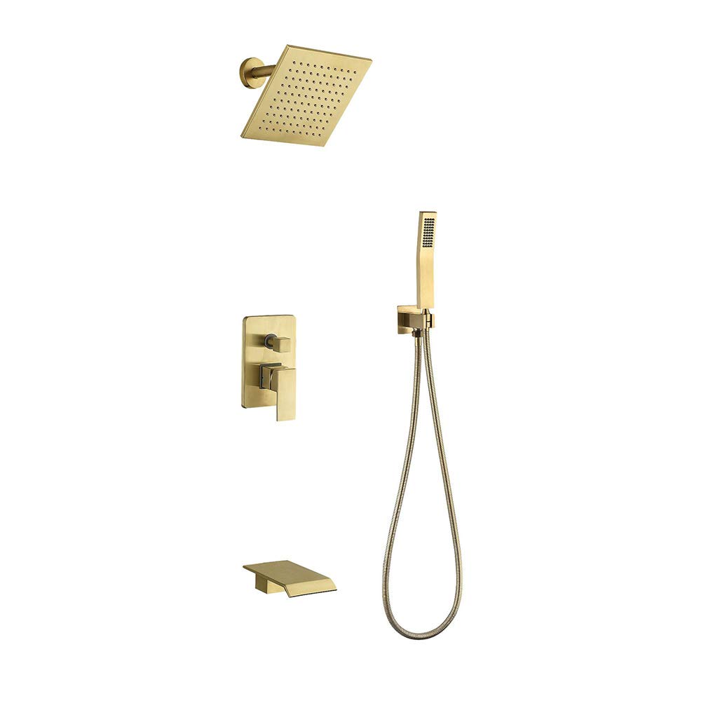 SWENEEN Handheld Showerbrushed Gold Shower System Wall Mounted Concealed Shower Combo Set Multifunction Shower Faucet Set With Square Shower Head Hand Shower Waterfall Tub Spout,