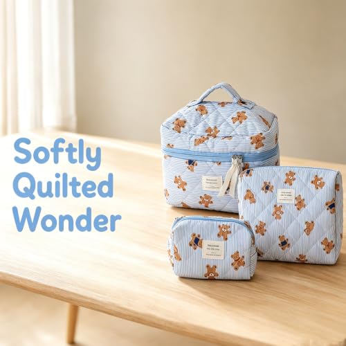 JINFANRUI 3PCS Quilted Make Up Bag Set Cute Cotton Make Up Pouch Blue Striped Bear Cosmetic Bag Set Large Travel Toiletry Bag For Women(B) by JINFANRUI - Image 6