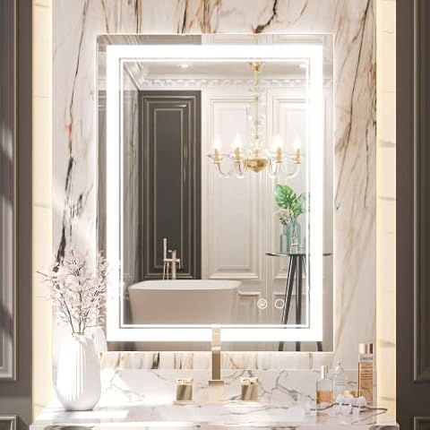 Keonjinn 24x32 Inch LED Bathroom Mirror Front Lighted Bathroom Vanity Mirror with Lights, Wall Mounted Anti-Fog Dimmable Makeup Mirror with Memory, Tempered Glass, 6000K, IP54 (Horizontal/Vertical) Cover