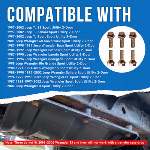 Image of 6Pcs 6035836 Crossmember Skid Plate Bolts Compatible with Jeep Wrangler YJ 1987-1995,Jeep Wrangler TJ 1997-2002,Bolts for attaching the Transmission /Transfer case Skid Plate to the Frame