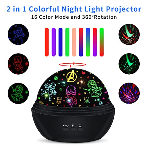 Night Light Projector For Kids Superhero Toys For Boys, 360 Degree Rotation Baby Night Lights With Super Hero Figures And Star Theme, Birthday Party Festival Decor(Black) #TOP2
