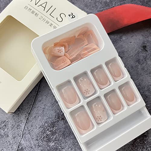 Christmas Press On Nails Short Square Fake Nails French Tip Acrylic Nails Cute White Snowflake Full Cover Stick On Nails Xmas Manicure Decorations False Nails For Women Girls #TOP2