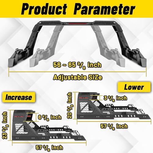 Image of MONOKING Heavy Duty Adjustable Roll Bar with 3rd Brake Light, DIY Color Chase Rack Compatible with Tonneau Cover for 2004-2026 F150 Silverado Sierra 1500 Tundra Gladiator Tacoma, Rugged Carbon Steel