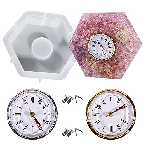 Allazone Clock Casting Molds, Hexagon Desk Clocks Silicone Molds for Resin with 2 Clock Movement Accessories for DIY Craft Home Decor