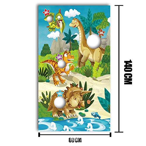 Jeu De Lancer Dinosaure 4 Poches – Bannière Animaux Forêt 135×75 Cm + 4 Sacs Haricots – Idéal Anniversaire Enfant Extérieur