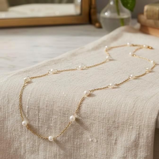 Elegant Pearl Station Necklace, 18K Yellow Gold Plated over Stainless Steel Chain with Freshwater Pearls, Delicate Choker Style for Women, Special Occasion Jewelry, Casual Necklace, 17-Inch Length with a 2-Inch Extension, Tarnish Resistant - Image 7