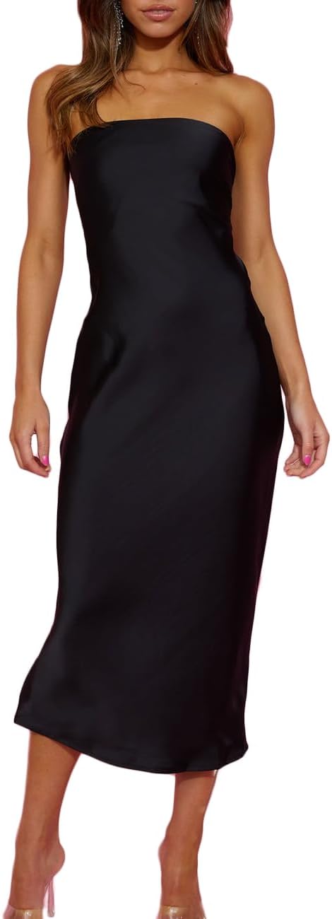 Summer Satin Strapless Backless Wedding Guest Midi Dress for Women Elegant Tube Top Sleeveless Tie Back Maxi Dresses