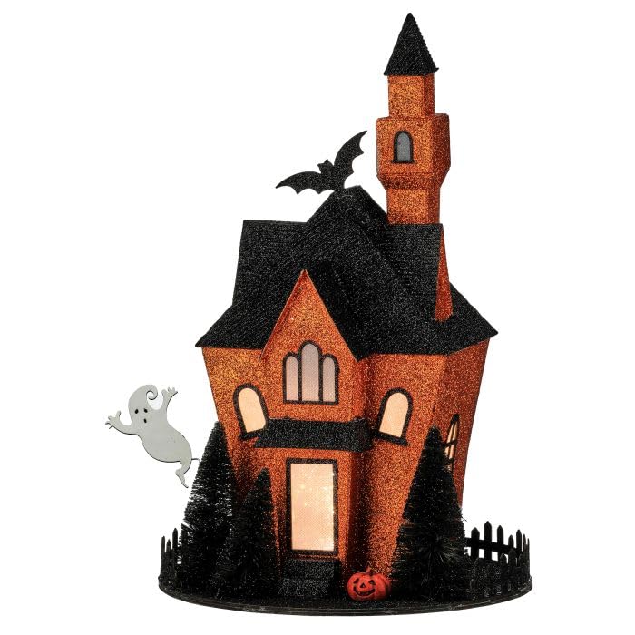 Maison hantée LED en carton de 34 cm avec finitions soignées orange et noir