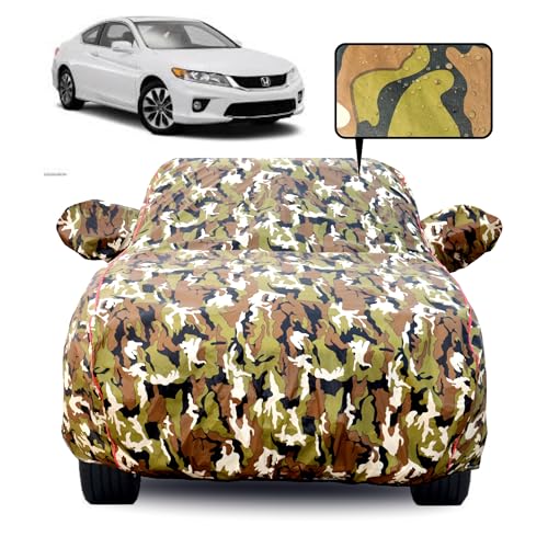 Image of Waterproof Car Body Cover for Honda Accord with Mirror Pocket, Soft Cotton Lining, Triple Stitched, Full Bottom Elastic (Heat Resistant Jungle Print with Red Piping)