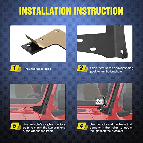 Image of Nilight 52Inch Led Light Bar Spot Flood 2Pcs 18W 4Inch Spot LED Pods Windshield Frame Mounting Bracket on Wrangler JK 2007-2017 with Off Road Wiring Harness- 3 Leads