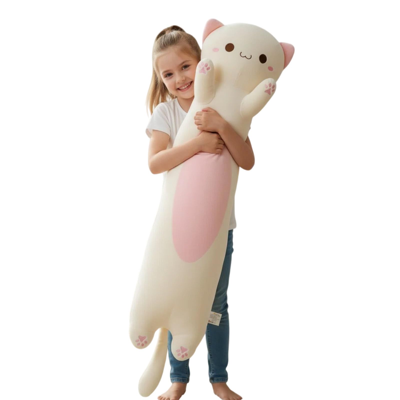Aiuidun Long Cat Plush Pillow - 43.3 Inch Ultra Soft Stuffed Animal Body Pillow for Kids & Adults, Cute Kawaii Kitten Plushie Toy, Gift for Cat Lovers, Girlfriend, Girls Birthday (Big Eyes White)