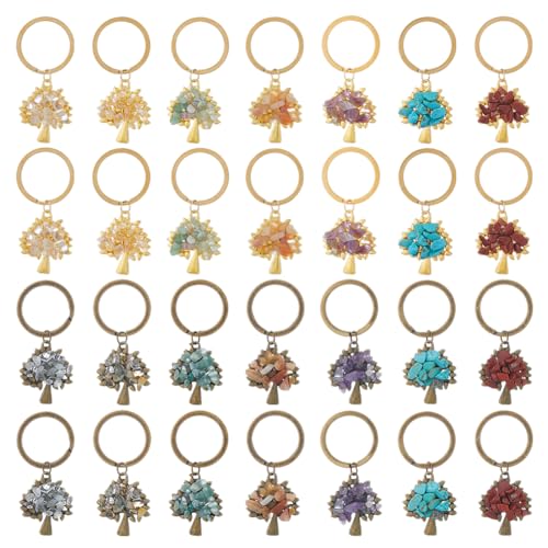 SUPERFINDINGS 28 pezzi di Portachiavi Albero Della Vita con Pietre Preziose, Pietre Naturali In Cristallo Fatte A Mano, Ciondolo con Anelli Divisori In Lega per Fare Dei Portafortuna Fai Da Te