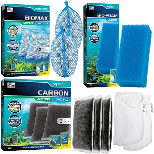 Image of AquaClear 110 HOB Maintenance & Replacement Filter Media Kit, Including Gokul Brands Mesh Bags(AquaClear Activated Carbon, BioMax Media, 110 Foam Insert)