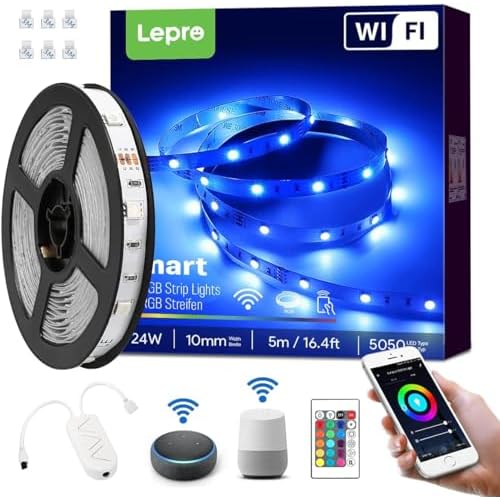 Lepro 5M 18W Luz de Tira WiFi(Solo 2,4 GHz), Tira LED 16 Millones RGB Regulable con Temporizador, Control Remoto y APP Inteligente, Compatible con Alexa/Google Home, Decoración para Habitaci