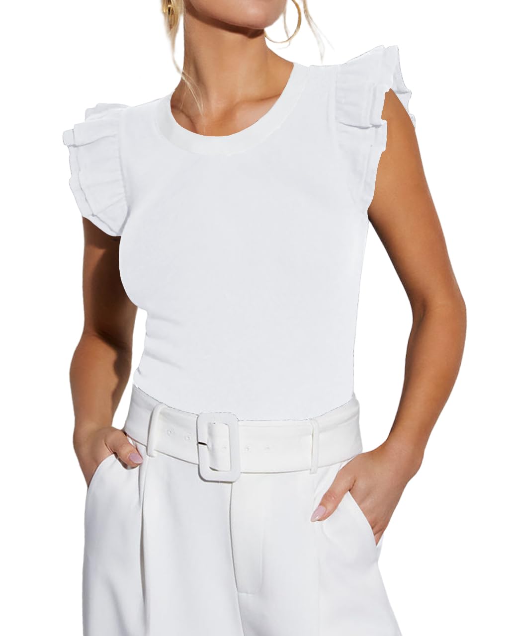 EZBELLE Womens Summer Tank Tops Ruffle Shirts Ribbed Knit Sleeveless Blouse Sexy Tshirt Trendy Outfits 2026