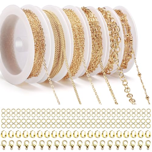 Draupnir 14m 6 Rouleau Chaînes Collier, Chaînes pour Bijoux Doré Avec Fermoirs à Homard, Anneaux Saut et Bague en U Kit Fabrication Bijoux pour Collier DIY, Bracelet, Breloques, Artisanat Décoration