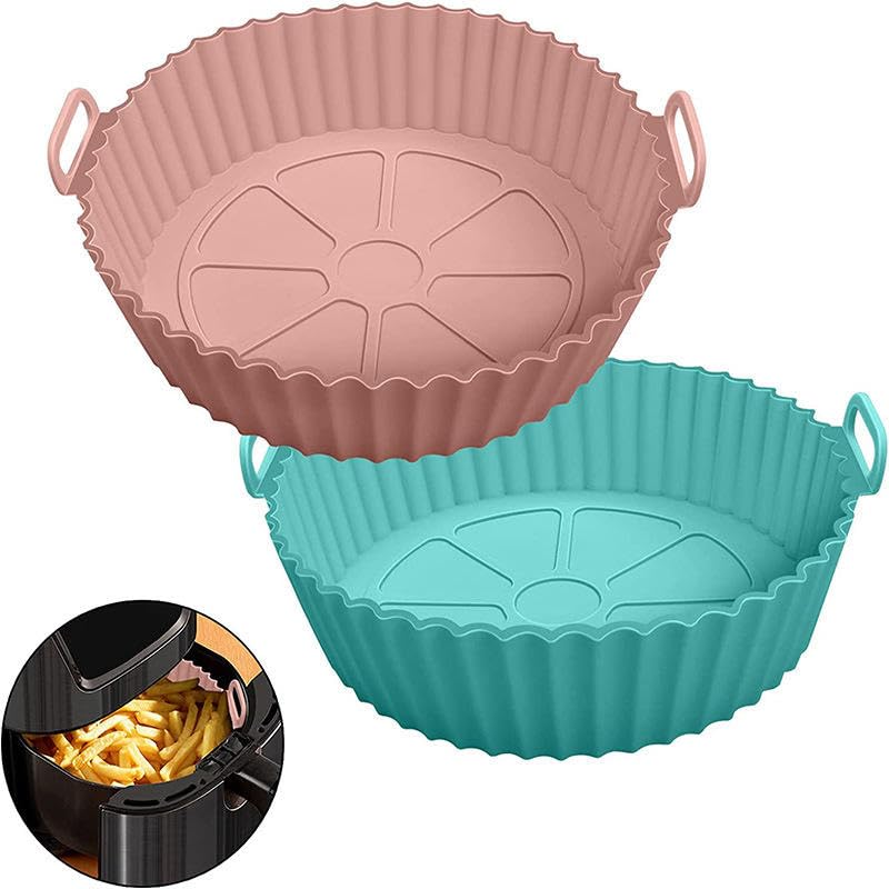 Air Fryer Silicon Tray Liners I Round Silicone Basket Baking Tray I Pot with Ear Handles I Nonstick Reusable Heat Resistant I Cooking Oven Fryer - Multicolor (8 inch, Pack of 2)