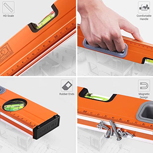 TACKLIFE Level 24-Inch Aluminum Alloy Magnetic Torpedo Level Plumb/Level/45-Degree, Measuring Shock Resistant Spirit Level with Standard and Metric Rulers