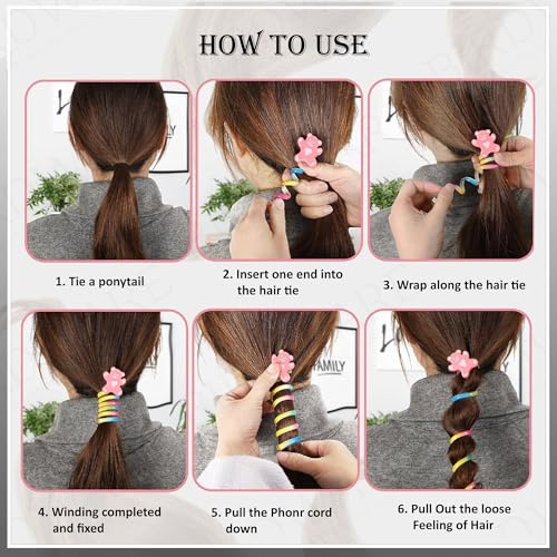 Image of BIRDWARE Rainbow Pack of 5 Colorful Telephone Wire Spiral Hair Ties with Cute Cartoon Designs - Elastic, No-Crease Bands for Kids and Women