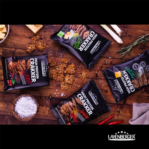 Layenberger High Protein Cräkker, Snacks mit viel Eiweiß und wenig Kohlenhydraten, (8 x 75 g) - Cheese`n Onion