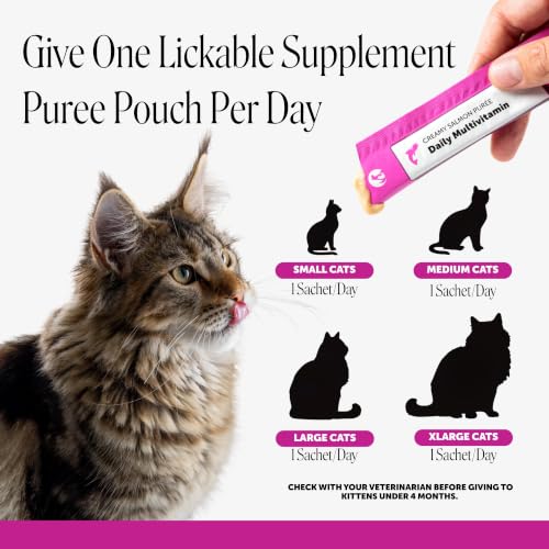 Image of Cat Multivitamin Lickable Treats - Squeezable Vitamin Puree Pouches for Cats - Daily Cat Vitamins with Postbiotics + Omega 3 Fish Oil for Gut + Immune Support, Skin Coat, Joint Health (Salmon, 40 Ct)