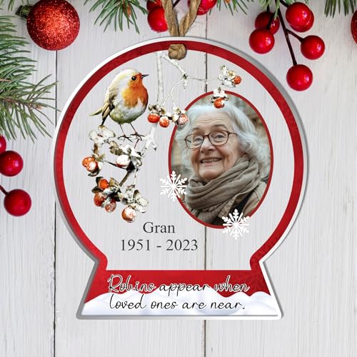 Personalised Robins Memorial Bauble - Custom Photo Name & Dates Remembrance Ornament in Bereavement Keepsake for Lost Loved Ones & Family (Red)