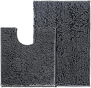 wyewye Bath Mat Set 2 Pieces, Non-Slip Back Chenille Bathroom Mat, 50x80cm Bath Rug and U-Shaped Contour Toilet Mat, Soft and Absorbent Bath Mat Sets, Deep Gray