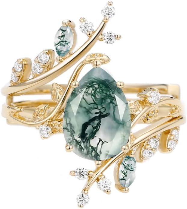 Natural Moss Agate Engagement Ring Set for Women 10K 14K 18K Solid Gold 1-3 Carat 2pc Art Deco Vine Leaf Moss Agate Wedding Ring Sets Bridal Ring Set with Moissanite Free Engraving