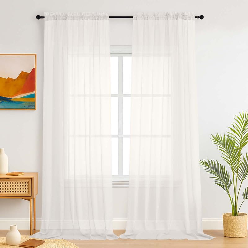 Simplebrand Sheer Ivory Curtains 260 cm Long, Light Filtering Rod Pocket Solid Color Window Sheer Panels, Voile Curtains & Drapes for Living Room, Bedroom 2 Panels (Ivory, 150cm W x 260cm L)