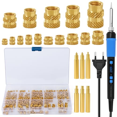 WOOWAIR Insert Fileté, 257PCS Kit de Fer à Souder avec Inserts Filetés, 90W Electric Solder Température Réglable avec 250Pcs Inserts Taraudés M2 M2,5 M3 M4 M5 M6, pour Impression 3D