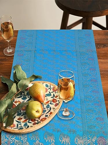 Image of Traditional Brocade Silk Table Runner for Living Room 4 to 6 Seater Dining Table Runner Elephant End Tassels 14x80 Inches (Turquoise)