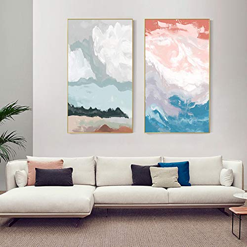 Décoration maison salon moderne avec peinture sur toile de mer rose x2
