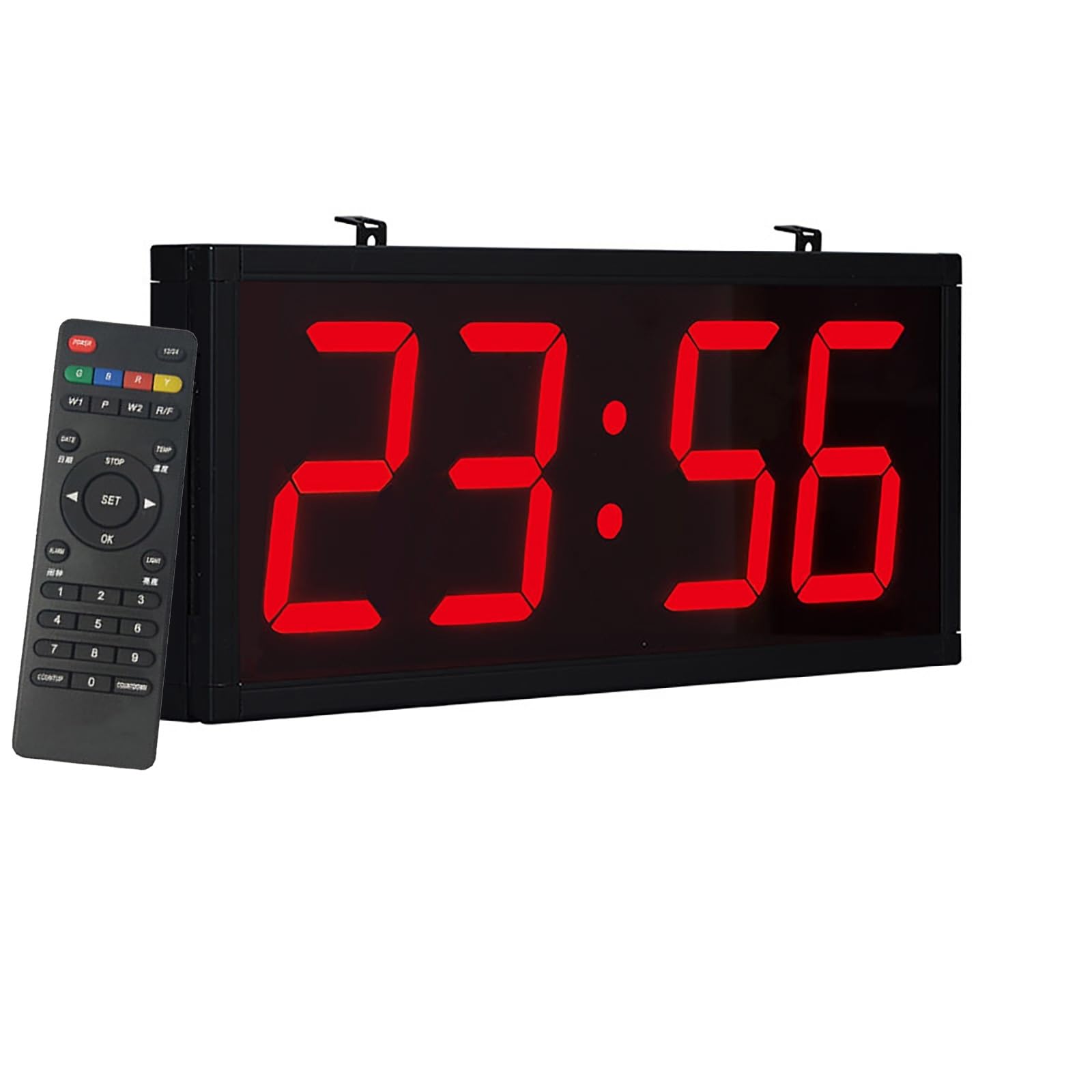 Cyfrowy zegar ścienny LED z pilotem - 4/6 cyfr Ogromny wielofunkcyjny timer, stoper, alarmy, odliczanie, wilgotność i temperatura, idealny do biura, siłowni i seniorów (Color : RED, Size : 4 DIGITS