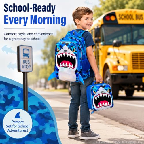 Image of 16 inch Shark Backpack for Boys, 3Pcs Kids Bookbag with Lunch Box, School Backpacks for Elementary Preschool Kindergarten (Blue)