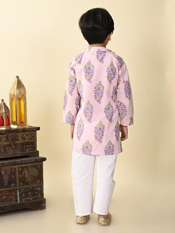 Image of superminis Boys Cotton Full Sleeves Side Open Sanganeri Printed Kurta With Pyjama Set