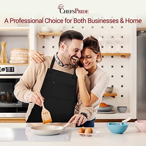 Chefspride Professional Chef Apron For Men & Women - 100% Cotton Adjustable Kitchen Chef Apron With Cross Back & Tool Pockets, Black With Black Straps #TOP6