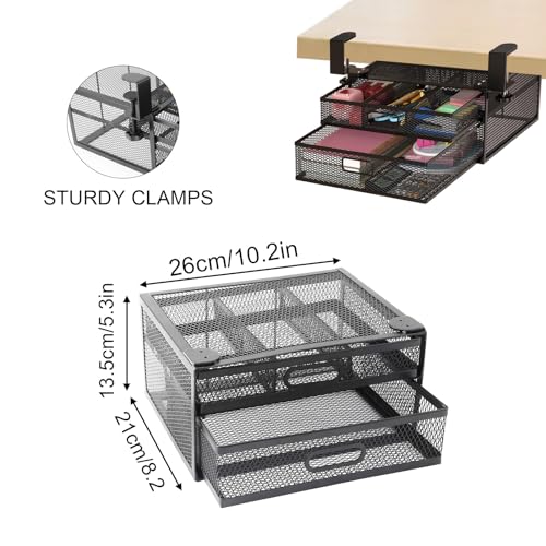 Yuehuamech Unter dem Schreibtisch Schublade Veranstalter Clamp- On Keine Bohrung Mesh 2 Slide Out Schublade Tabelle Schublade Clamp Storage Basket für Home Essentials Office Art Supply Storage Trays