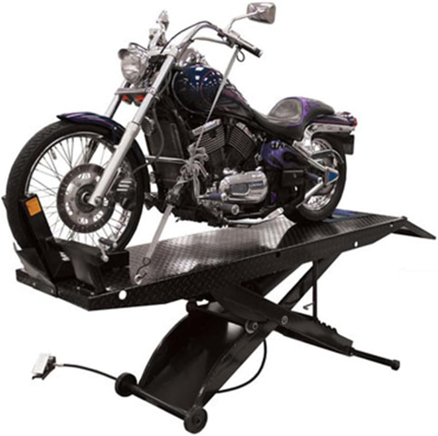 ATLAS Automotive Equipment ACL Portable Motorcycle Lift, 1,000lbs., 33" Full Lift Height, 85 1/2" Table Length, Air-Operated, Diamond Plate Surface, Front Wheel Vise, Removeable Roller Plate