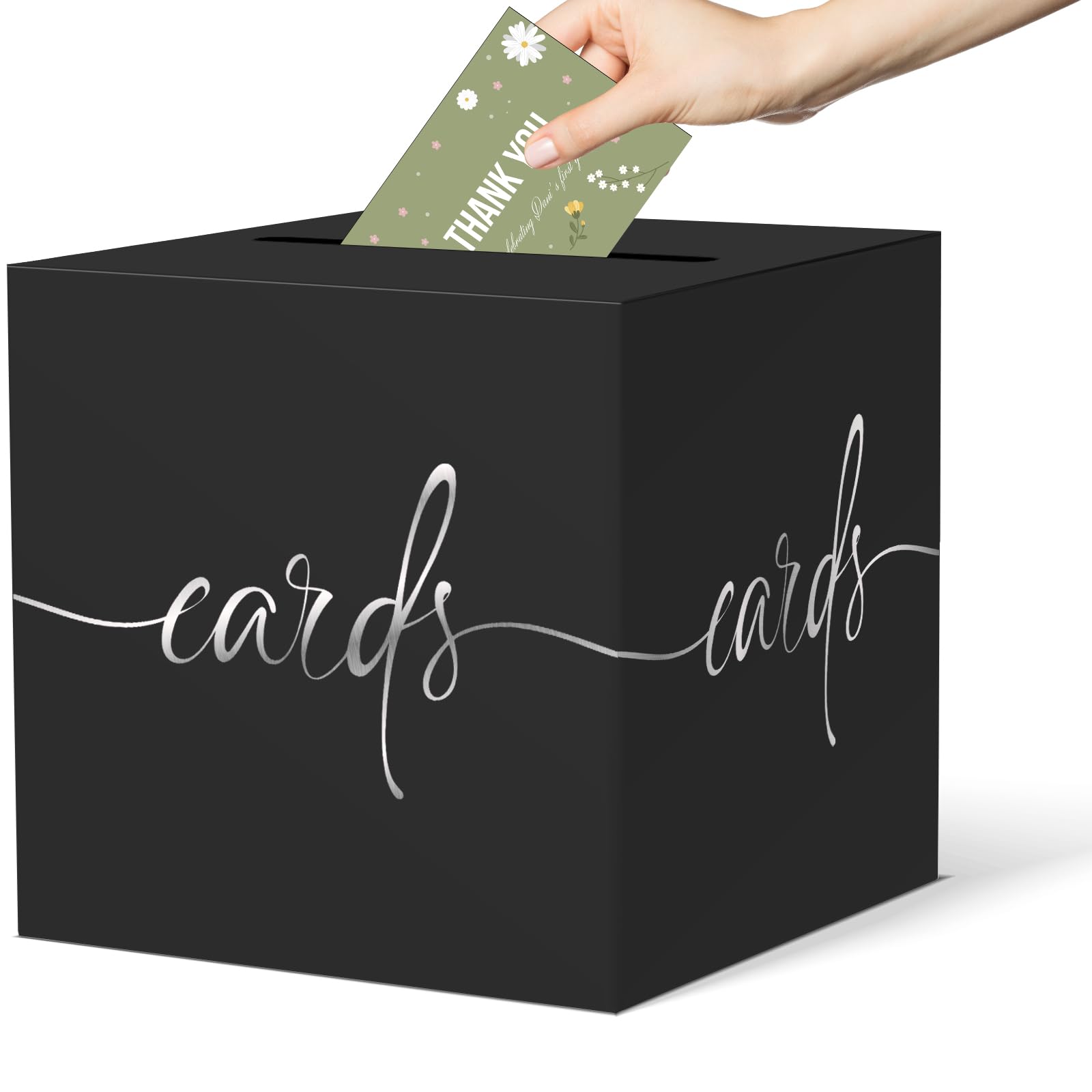 Black Card Box with Silver Foil Design, Paperboard 8.7" Gift Card Holder for Wedding Graduation Birthday Party Reception Retirement Anniversary Bridal &amp; Baby Shower