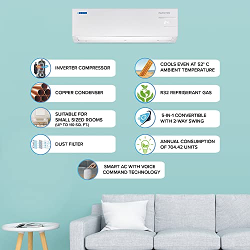 Image of Blue Star 1 Ton 3 Star Wi-Fi Inverter Smart Split AC (Copper, 5 in 1 Convertible Cooling, Turbo Cool, Voice Command, IC312YNUS, 2023 Model, White)