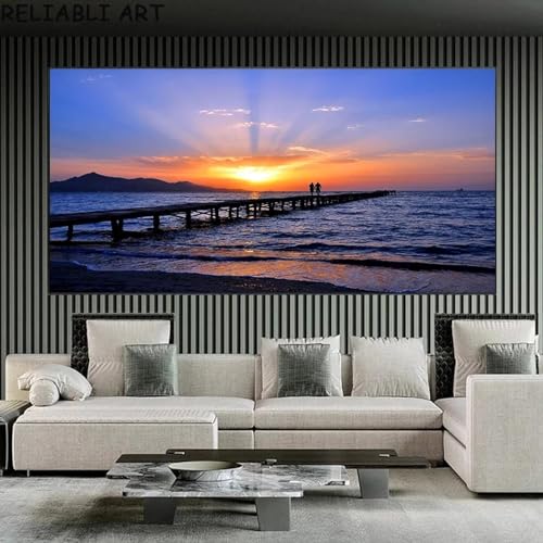 Toile ciel de mer paysage lever du soleil tableau déco salon 70x140