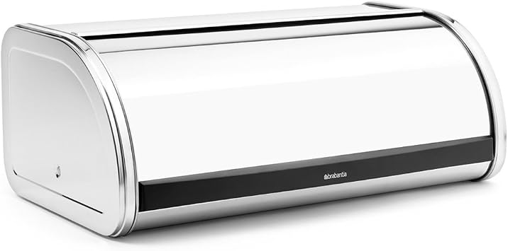 Brabantia Roll Top Bread Box | Large | Brilliant Steel | Metal Front Opening Bread Store for Kitchen Countertop | Partly Flat Top for Extra Storage, Magnet Closing Lid | Fits 2 Loaves
