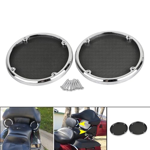 Image of Motorcycle Rear Speaker Grill Mesh Cover For Harley Electra Glide FLHTCU /FLHTK Tri Glide Ultra FLHTCUTG Road Glide FLTRU 2014-2023,Chrome Trim Ring + Black Mesh